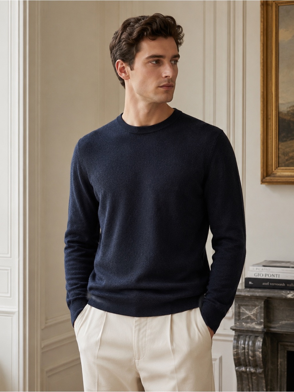 Sandro Paris Men Navy Wool Blend Crewneck Sweater Medium Old Money Quiet Luxury